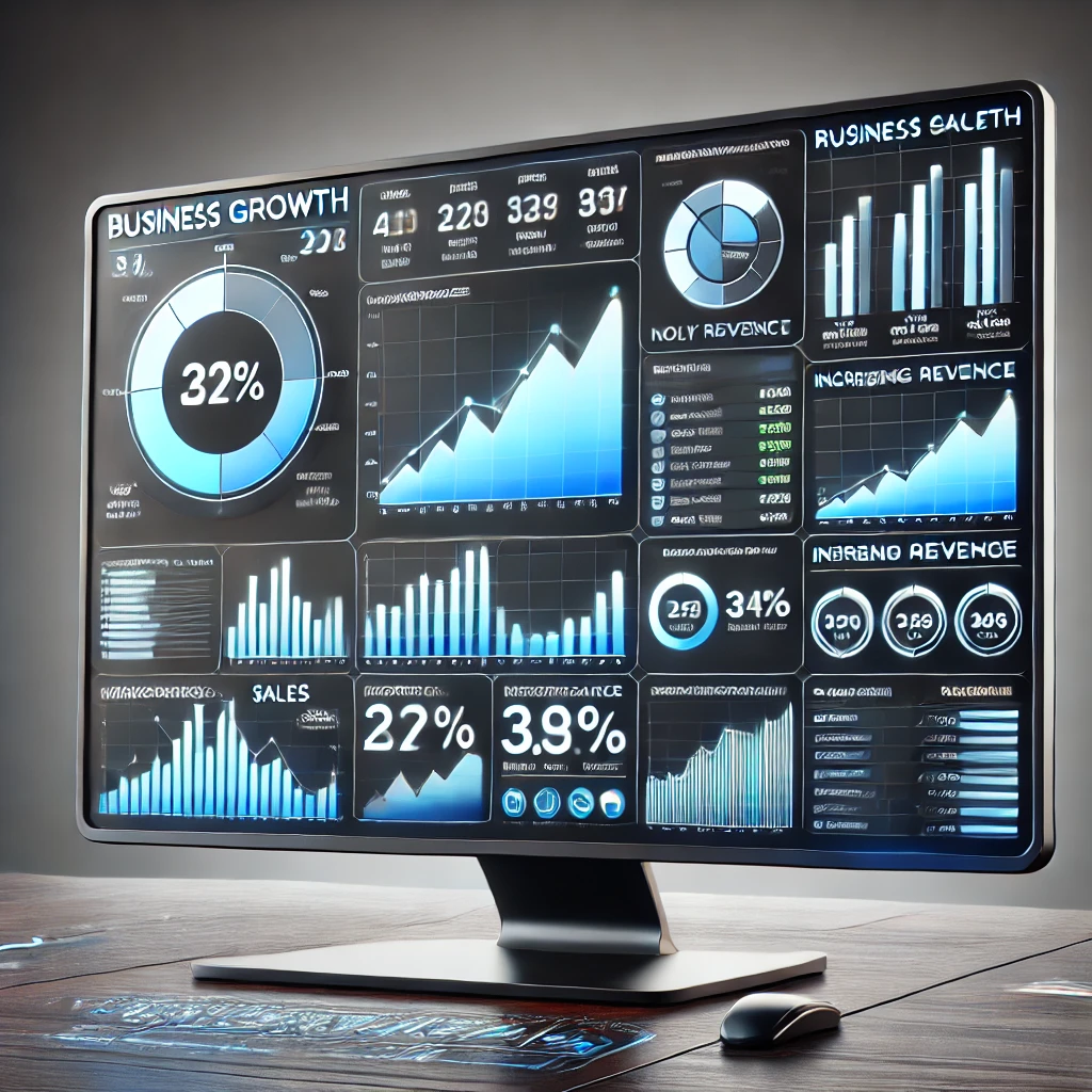 A professional business growth dashboard with graphs and charts showing rising sales, increasing revenue, and improved performance trends for a UK-based AdWords agency